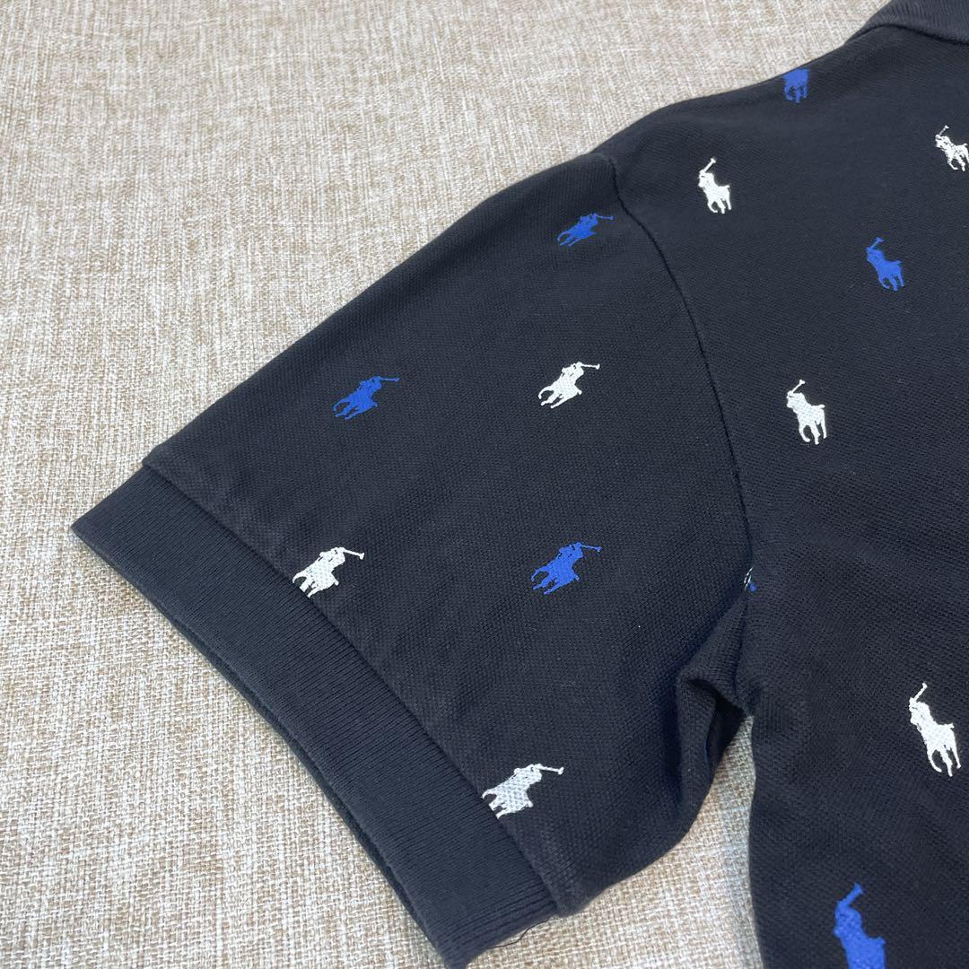 ラルフローレン 希少 ブラック ワッペン ポニー刺繍 総柄 ポロシャツ Lサイズ