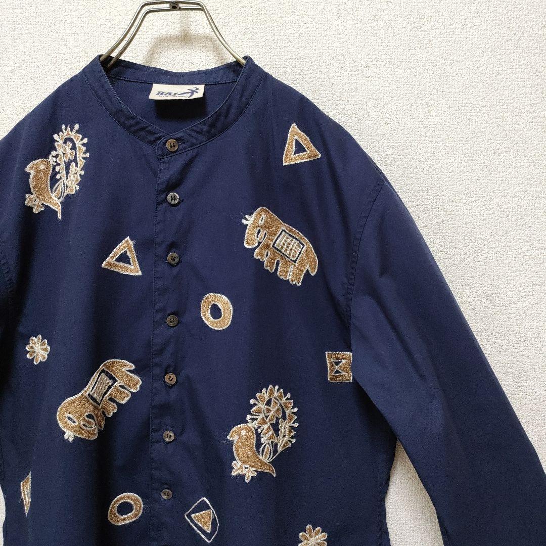 HAI イッセイミヤケ　刺繍入り　長袖 ノーカラー　シャツ　M