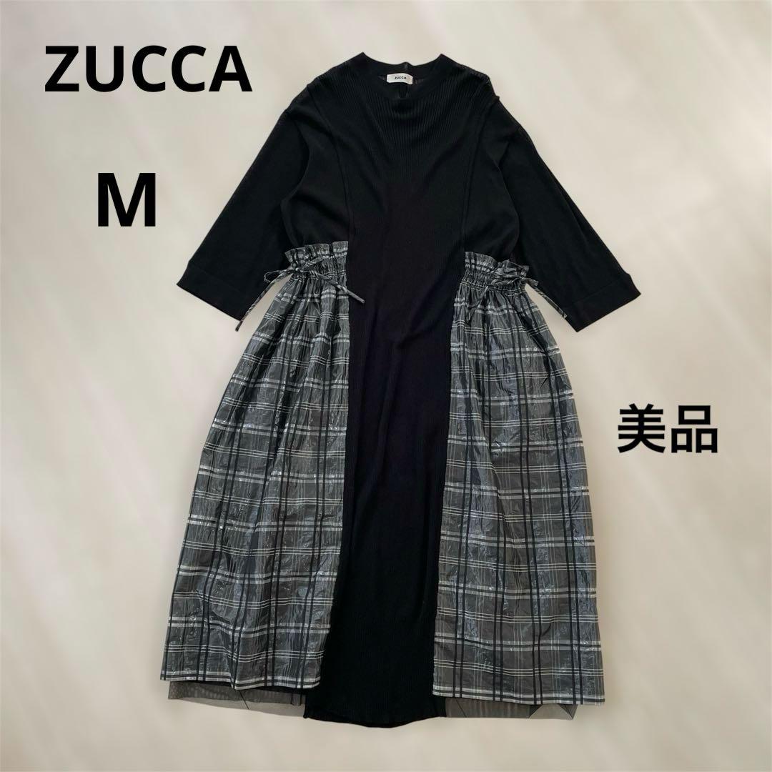 【美品】zucca ワンピース　切替　ロング　M ズッカ　ブラック　シアーワンピース
