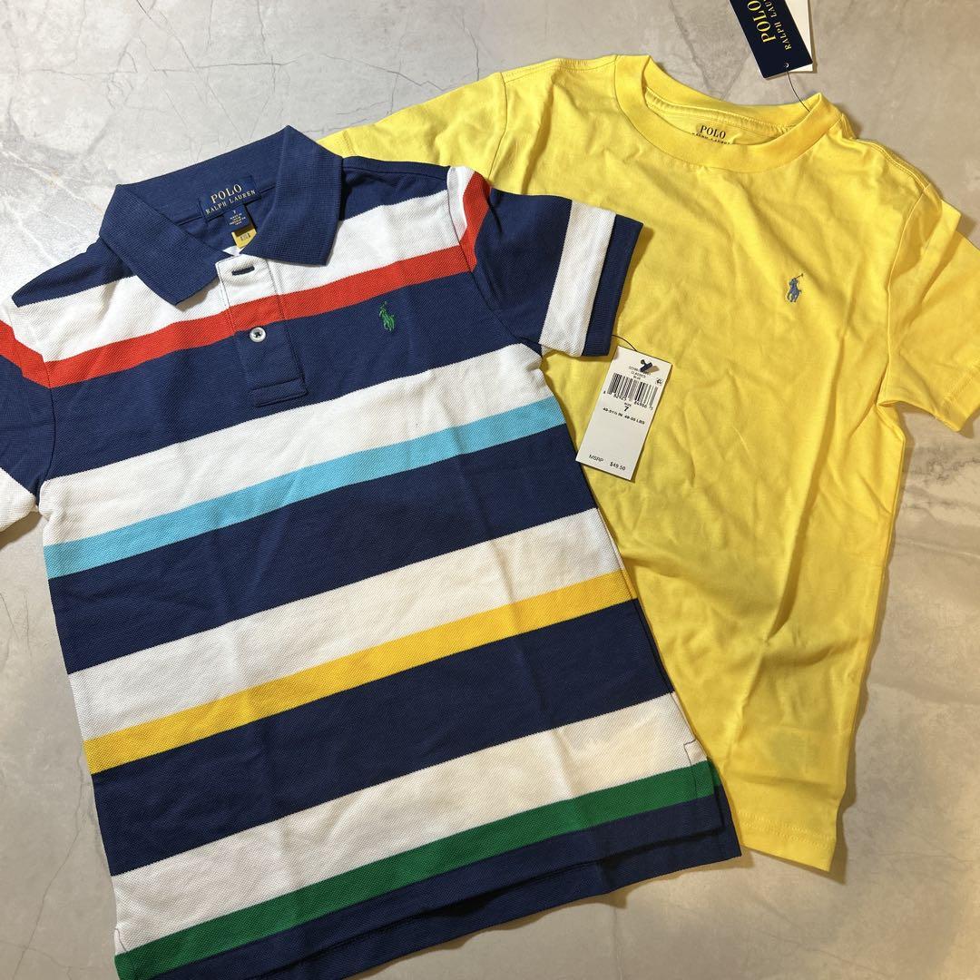 POLO ネイビー ストライプ ポロシャツとイエロー Tシャツ セット