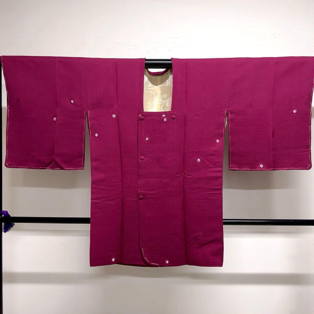 道行コート　正絹　横縞　亀甲模様　絞り　ワインレッド　着物　081tz