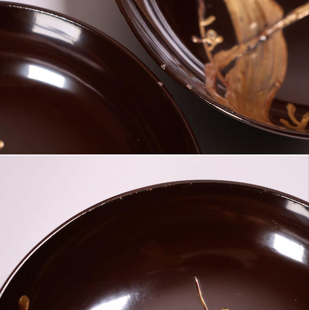 【CM222】時代木製漆器 盛上梅蒔絵 螺鈿 木皿 小皿 五客 栗色 うるみ塗 CM222】時代木製漆器 盛上梅蒔絵 螺鈿 木皿 小皿 五客 栗色