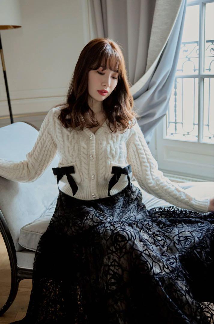 herlipto Double Bow Cable Knit Cardigan