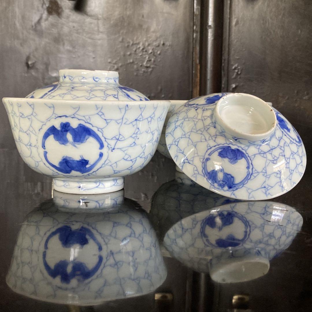 古伊万里 飯碗 蝙蝠紋 染付 画像1