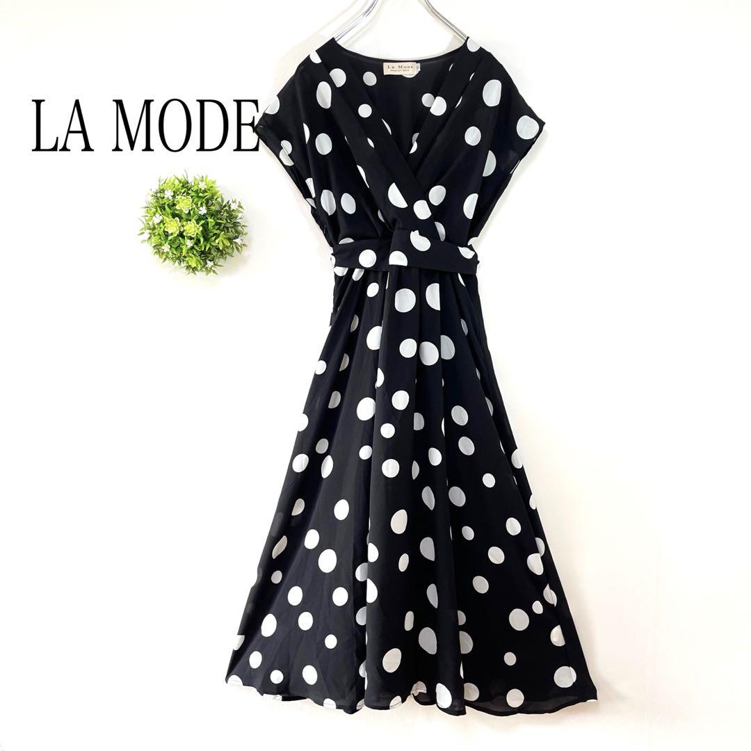 LA MODE【M】ロングフレアワンピース ドット柄 マキシ丈 ラップ 透け感