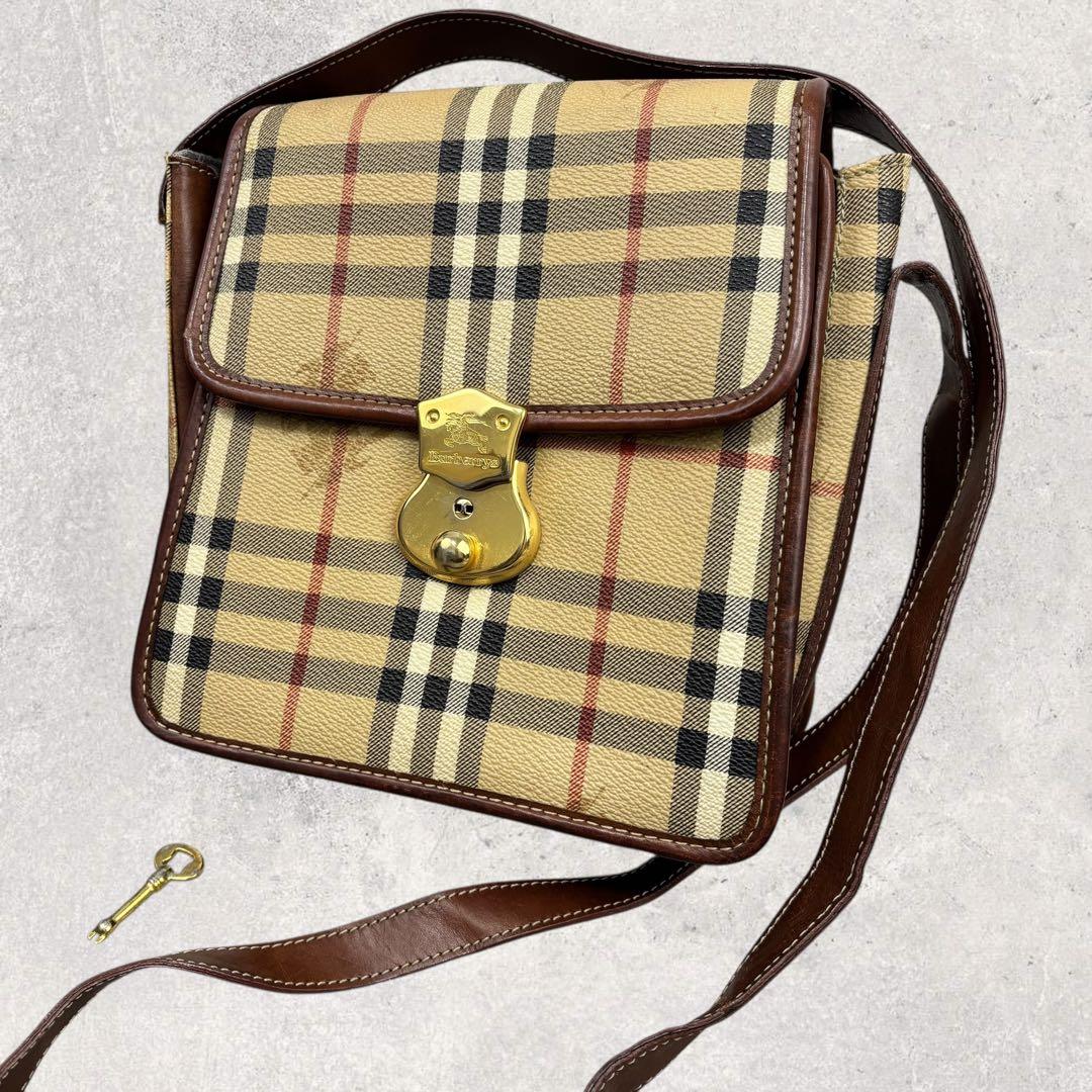 バーバリー ノバチェック レザーショルダーバッグ PVC 鍵付き 訳あり