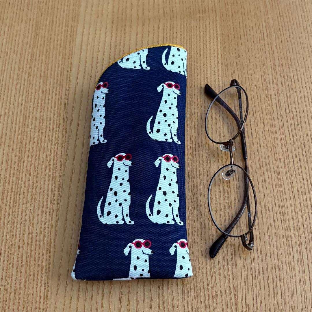 確認用　めがねケース　サングラス犬ネイビー×リネンマスタード