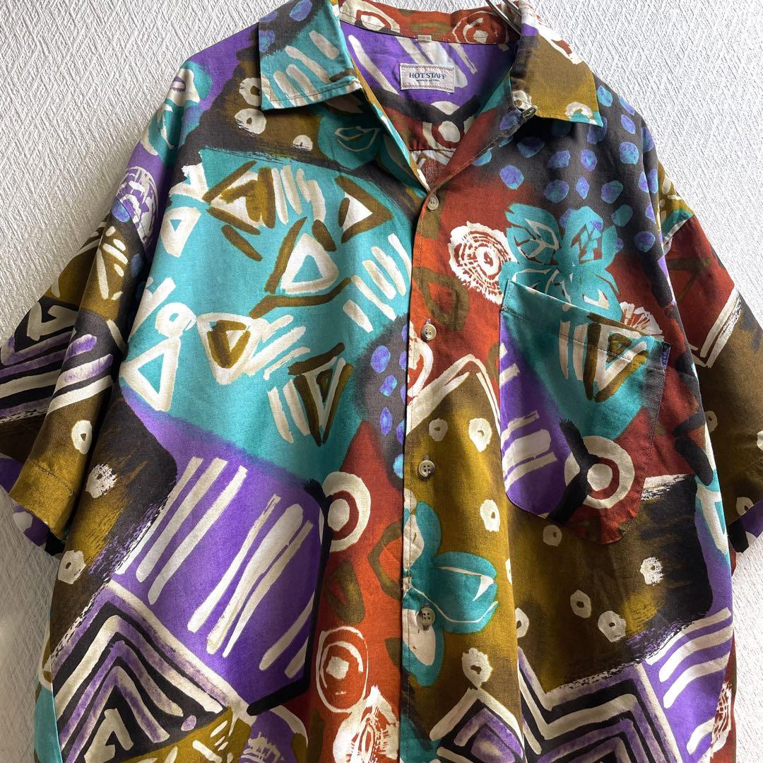 古着 レトロ シャツ 総柄 柄シャツ 開襟 オープンカラー アロハ メンズ 半袖