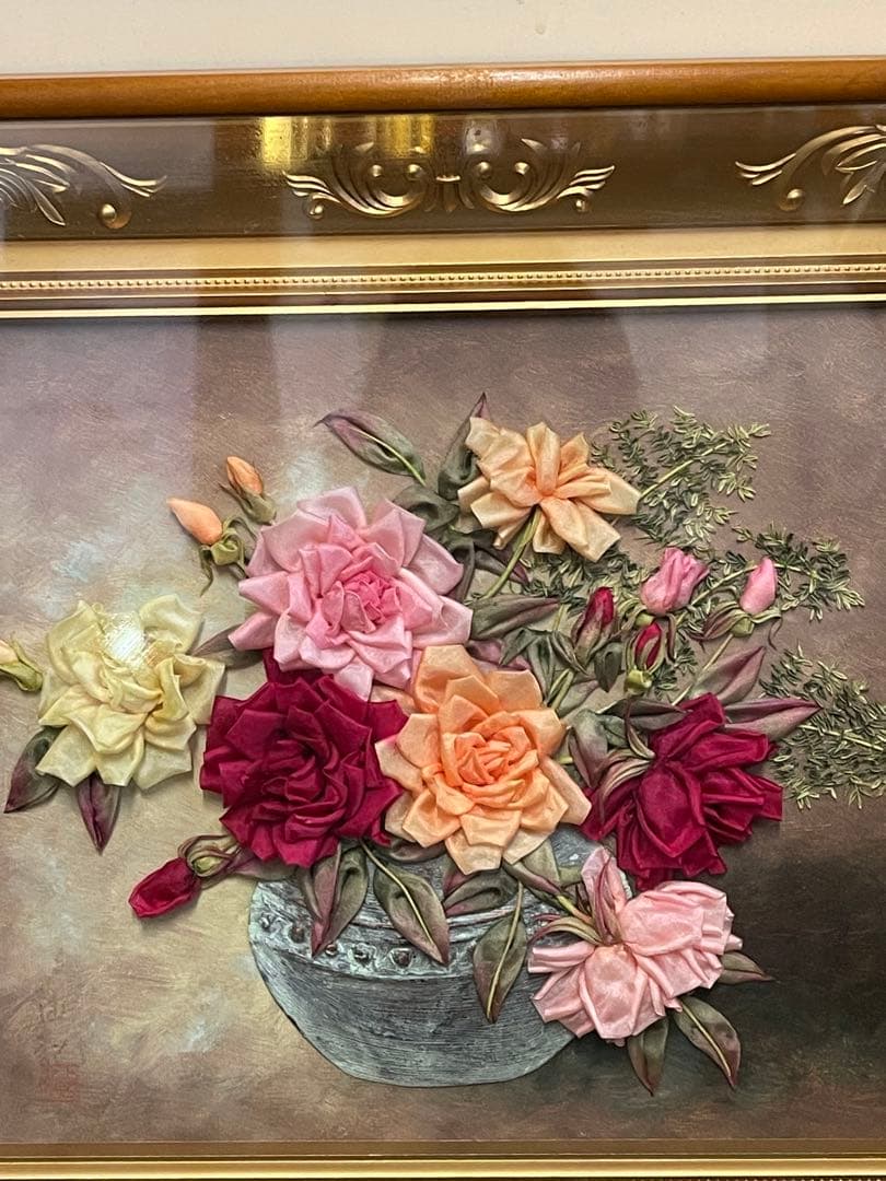 リボンで刺繍された3D絵画 花瓶に入ったバラの花束 バラ インテリア 花 絵画 リボンで刺繍された3D絵画 花瓶に入ったバラの花束 バラ インテリア 花 絵画