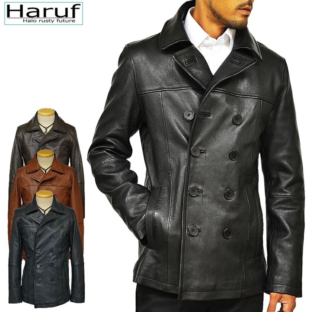 新品 本革 ピーコート レザージャケット 革ジャン メンズ ブラック