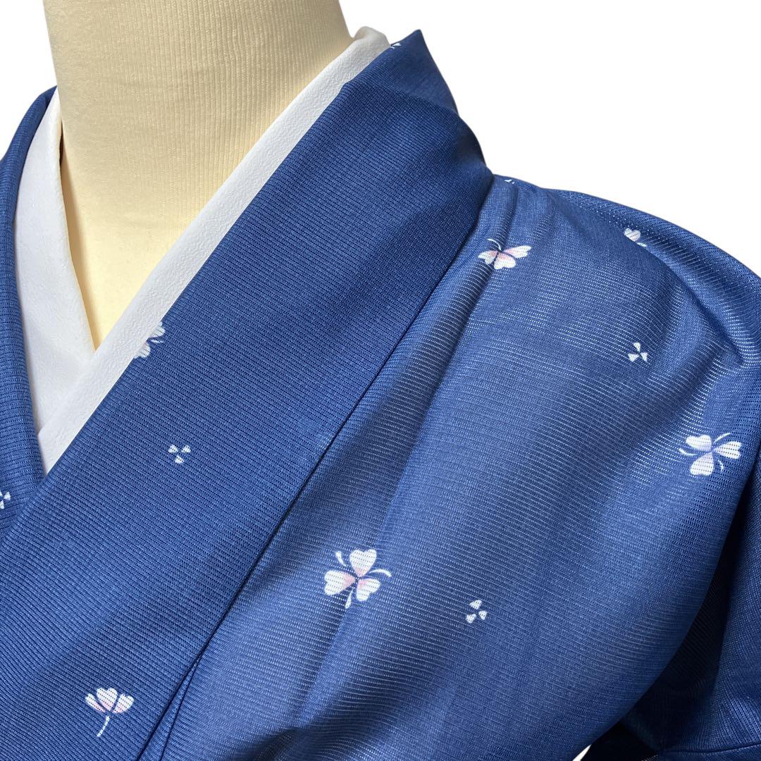 【数々のアワードを受賞】 T2洗える夏着物 美品 ポリエステル 紺青 チラチラ桜模様 小紋 着物・浴衣