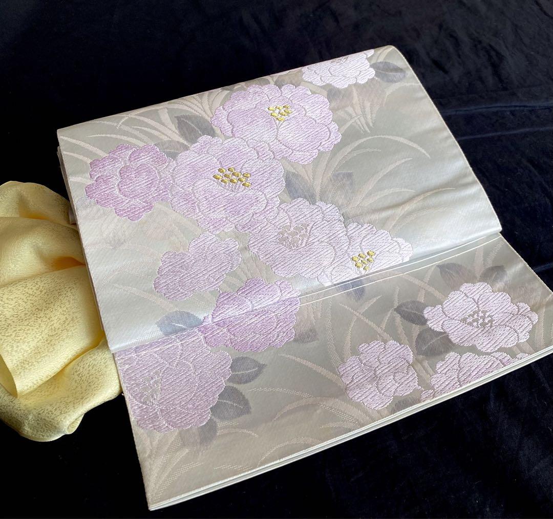 シモンズグランドセール 上品 ピンクの花の名古屋帯〉織り出 清楚 締めやすい 軽い 水着・ラッシュガード