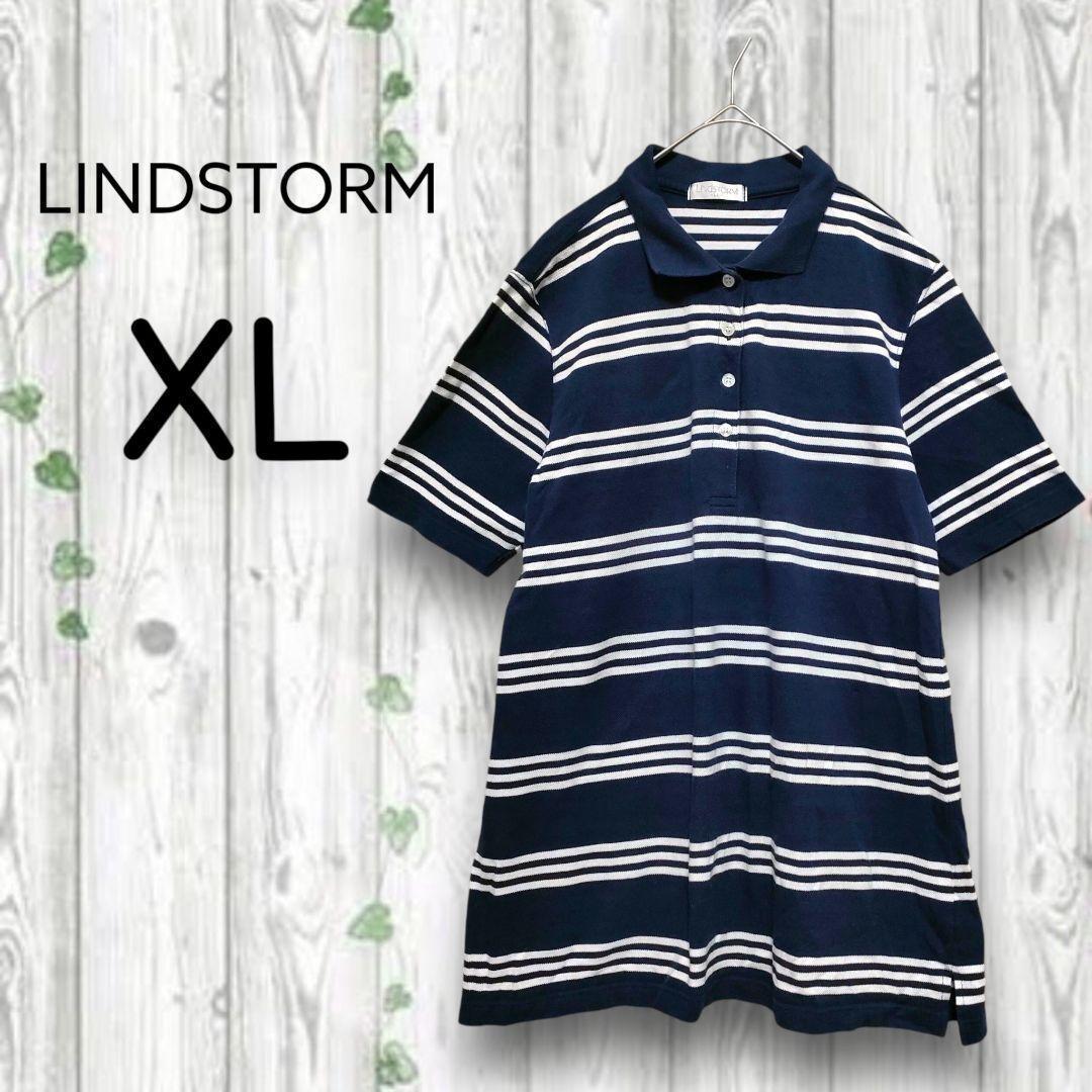 LINDSTORM　半袖ポロシャツ　チュニック丈　ボーダー　綿コットン100　紺