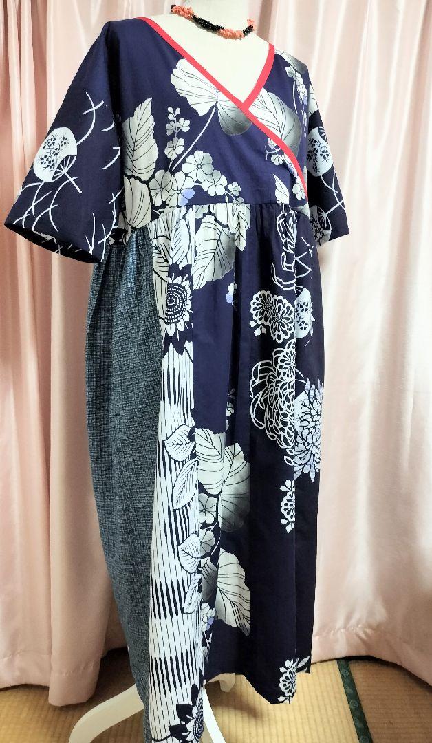 着物リメイク 絣 パッチワーク チュニックワンピース 着物リメイク 古布 手作り 絣 パッチワーク ワンピース