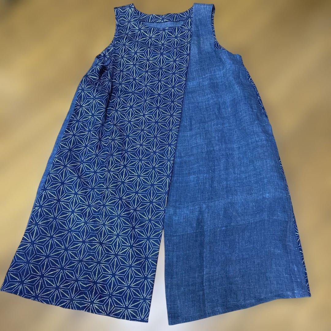 古布リメイク　夏着物と麻のロングベスト