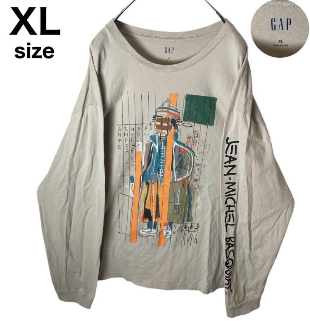 グッドデザイン古着バスキア×GAPビッグプリントロンTベージュXLサイズ