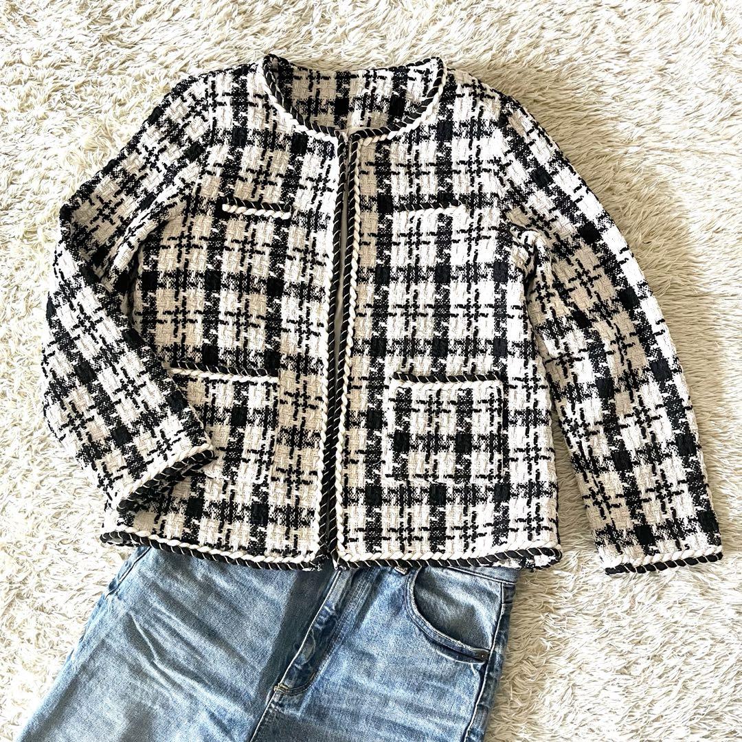 専用【美品】Evafreedom ノーカラー ツイードジャケット 千鳥格子 上品