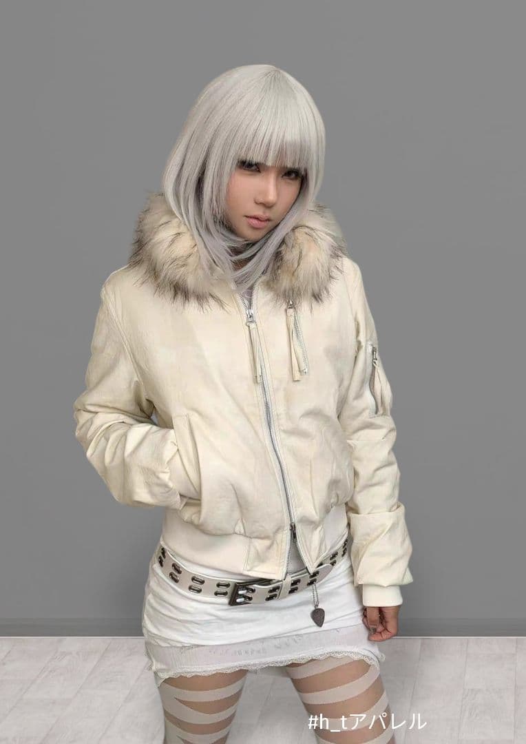 白アウター ファー付き ジップアップ Y2K 地雷 量産M