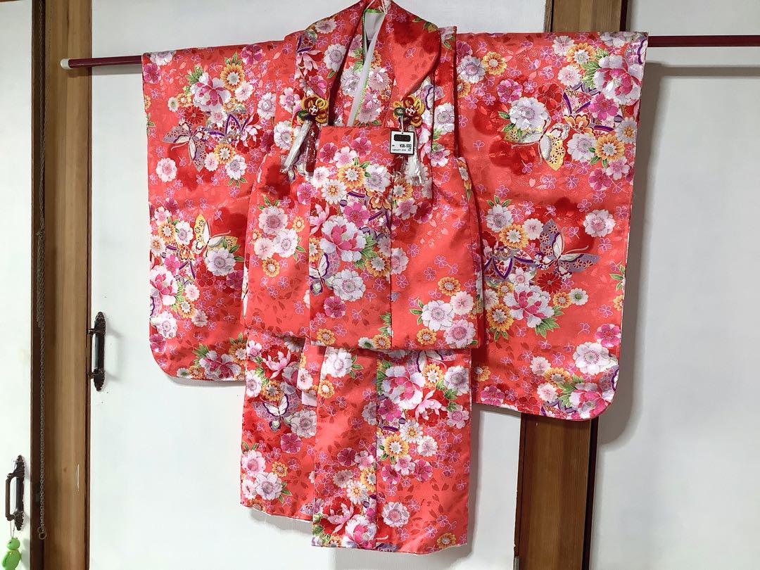 ★女の子七五三着物　三歳用一つ身　着物と被布襦袢小物セットピンク花柄の綸子★