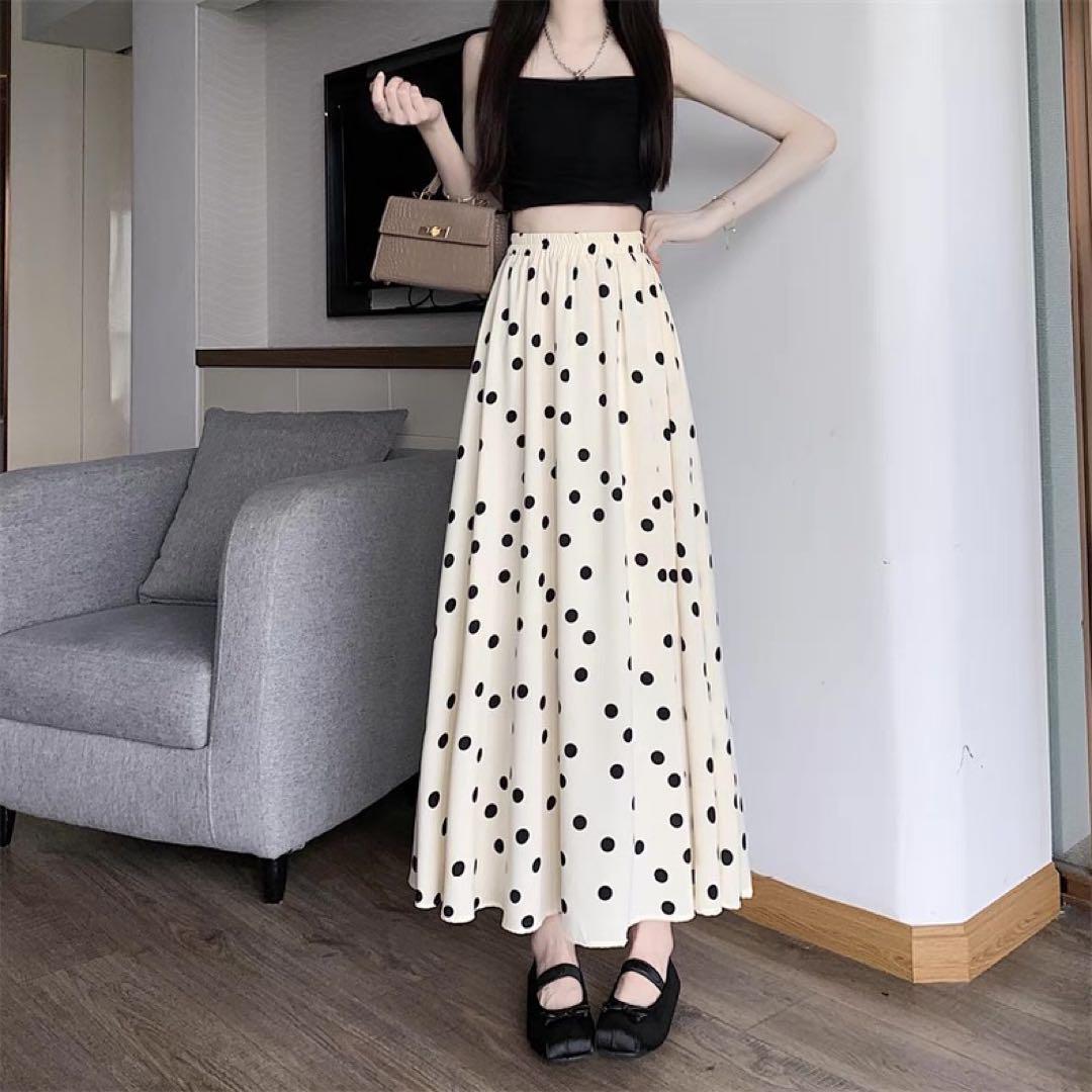 韓国 服 レディース スカート 白 ドット柄 ロングスカート ゴム仕様 水玉模様