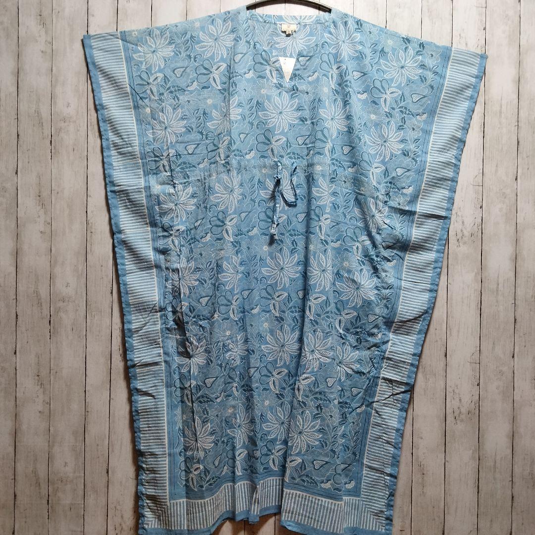 ANOKHI コットンカフタン ブロックプリント 水色【A-7】