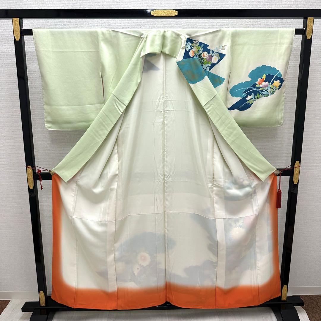 付下げ 金彩 鮮やかな花模様 着物 正絹 紋なし 袷 広衿 RK-5227