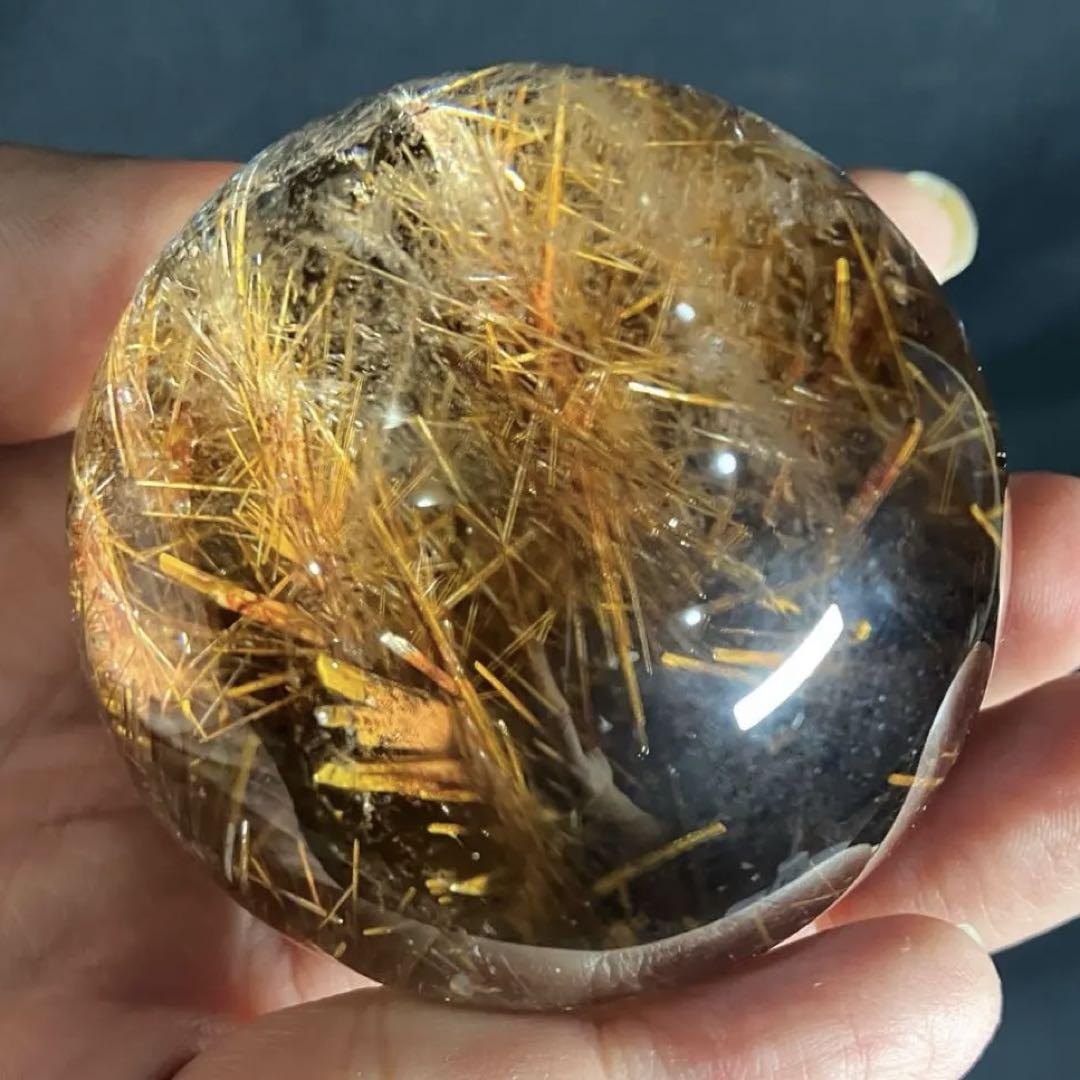 値下げ　54mm 220g ゴールドルチルクォーツ　丸玉　スフィア　金針水晶
