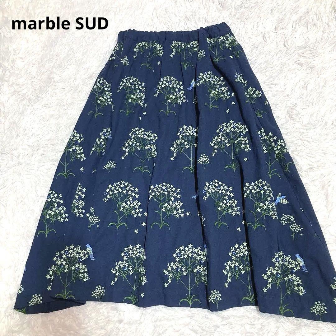 marble SUD マーブルシュッド フレア スカート 刺繍 花 鳥 ネイビー