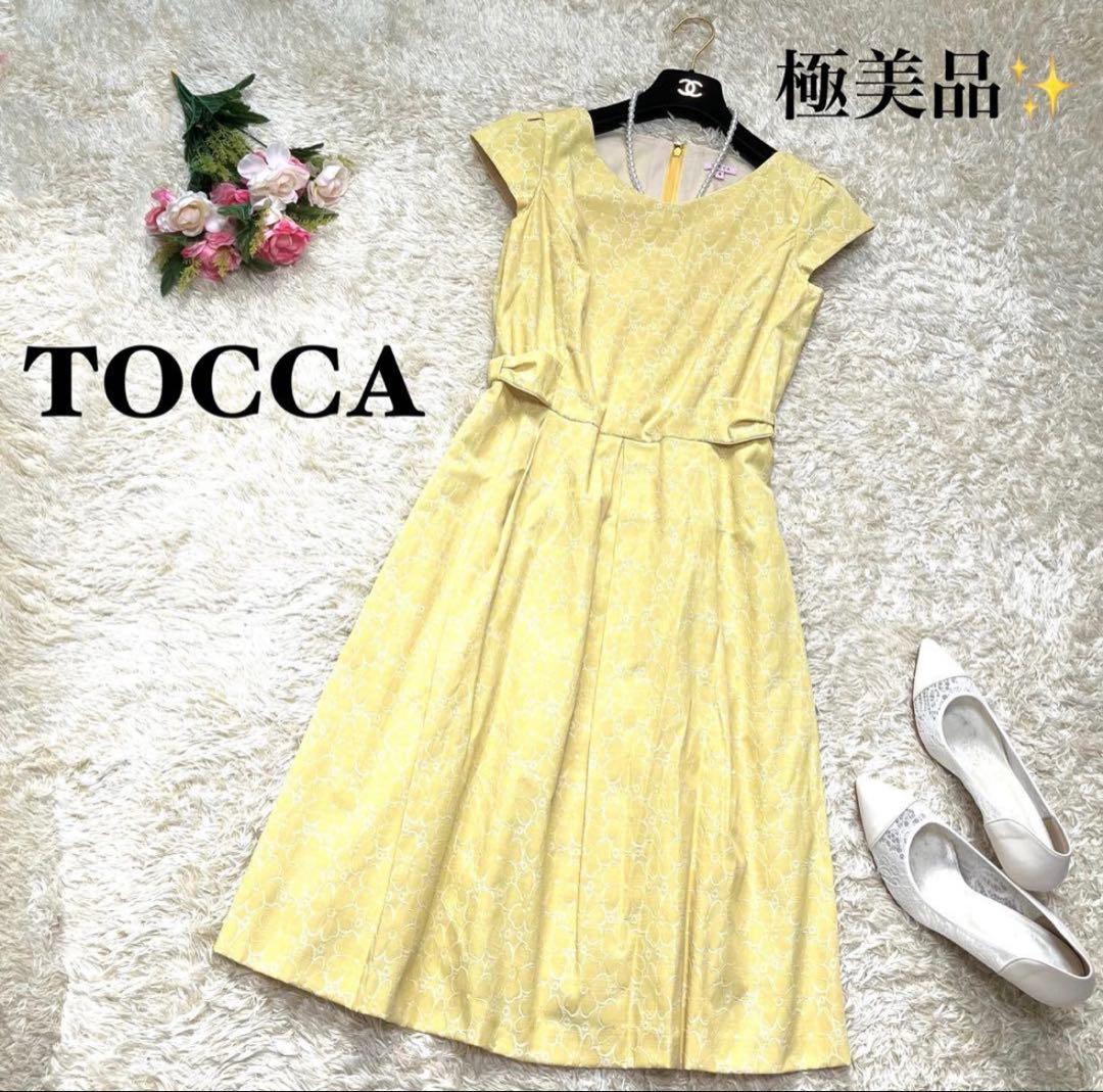 トッカ 花柄ワンピース リボン Vネック キャップスリーブ ウエスト0S TOCCA