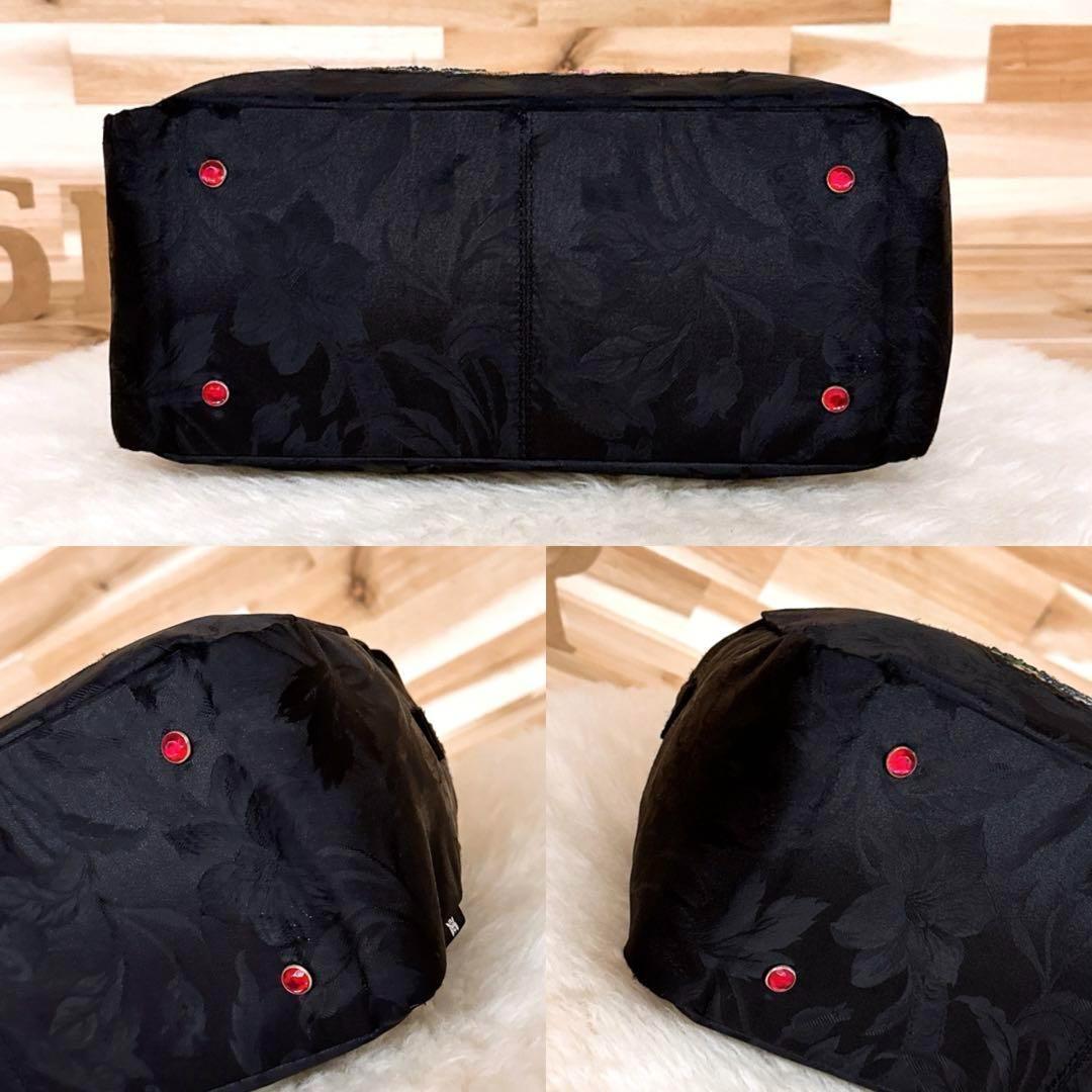 【シンクビー】ゴブラン織 ビジュー フラワー 花柄 トートバッグ 黒×ピンク