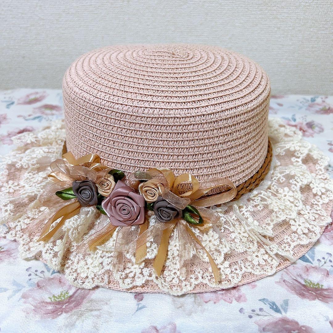 ピンク 花飾り 麦わら帽子 Mサイズ