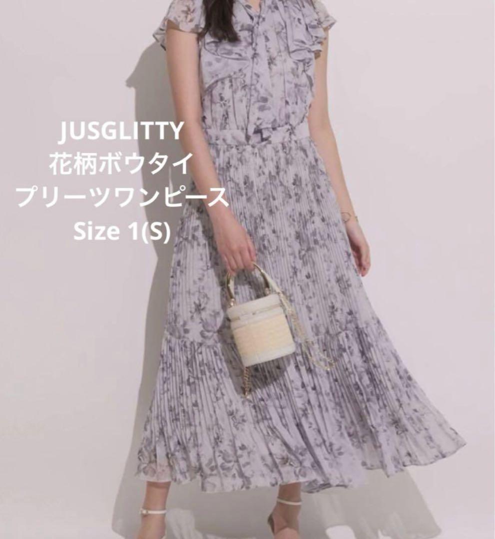 ジャスグリッティー 花柄ボウタイプリーツワンピース　グレー JUSGL