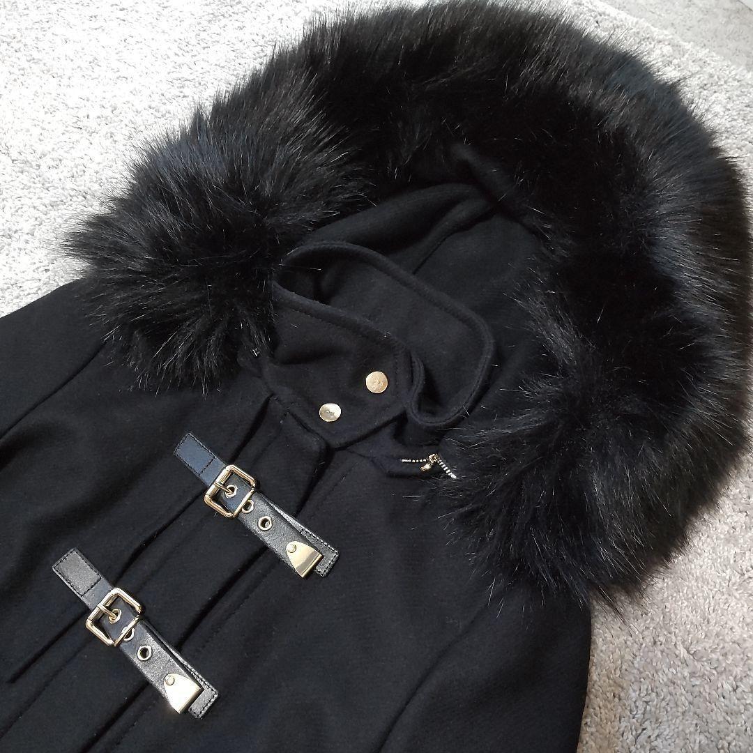 ザラウーマン ショート丈ダッフルコート ファーフードつき 黒【EUR/S】