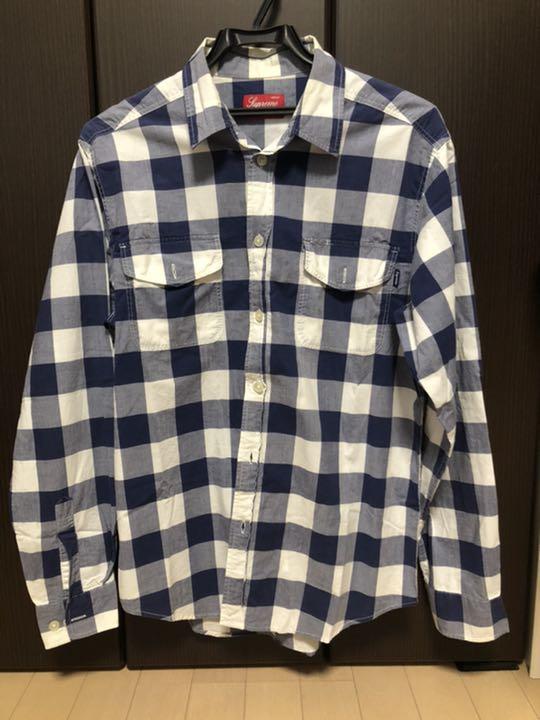supreme チェックシャツコットン100% ネイビー - メルカリ