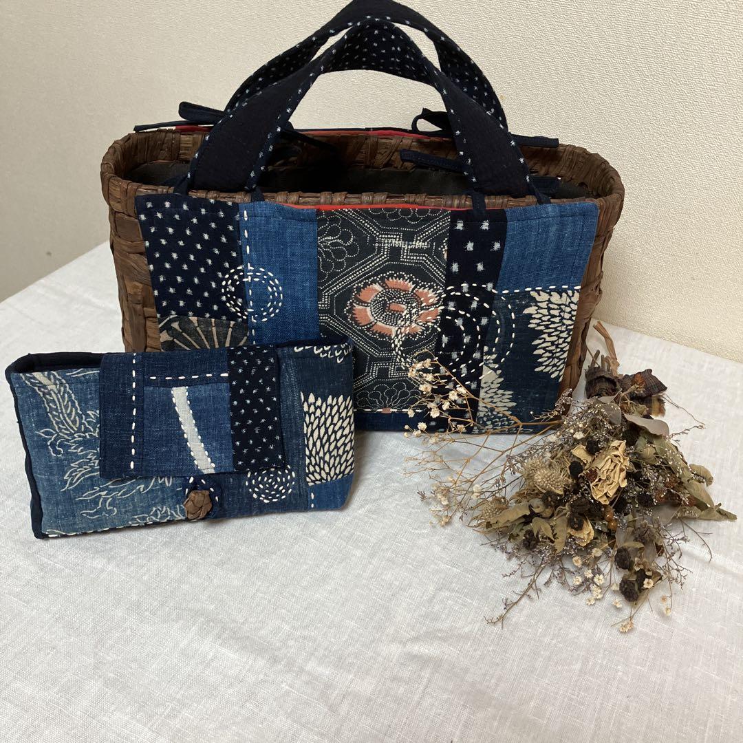 山葡萄籠かご国産作家物藍染め紅花染め刺し子擦れ防止布➕ポーチ 山葡萄籠かご国産作家物藍染め紅花染め刺し子擦れ防止布➕ポーチ