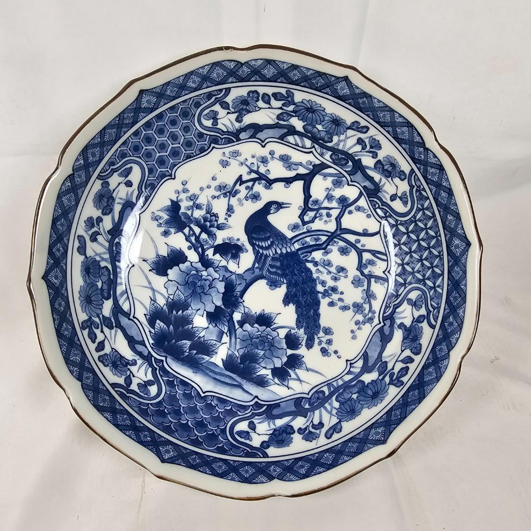 大皿絵皿 2皿セット、玄昌窯 唐手孔雀模様と有田焼 染付 鳳凰 龍 レトロ】有田焼 玄昌窯 染付孔雀紋様皿 中皿 青い鳥と花模様の八