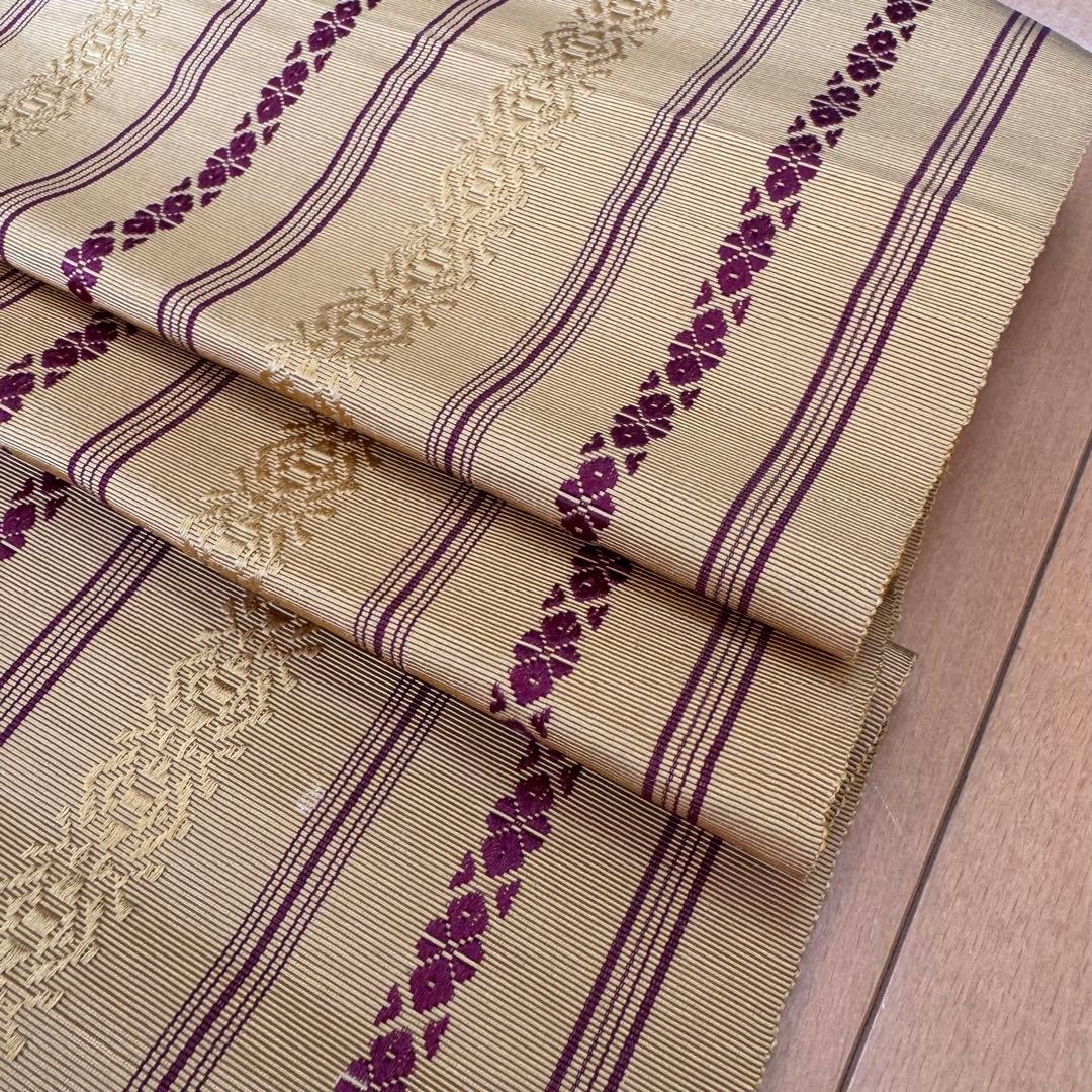 未使用品　正絹　名古屋帯　献上博多織　着物　383㎝　八寸　黄　赤茶　山吹色