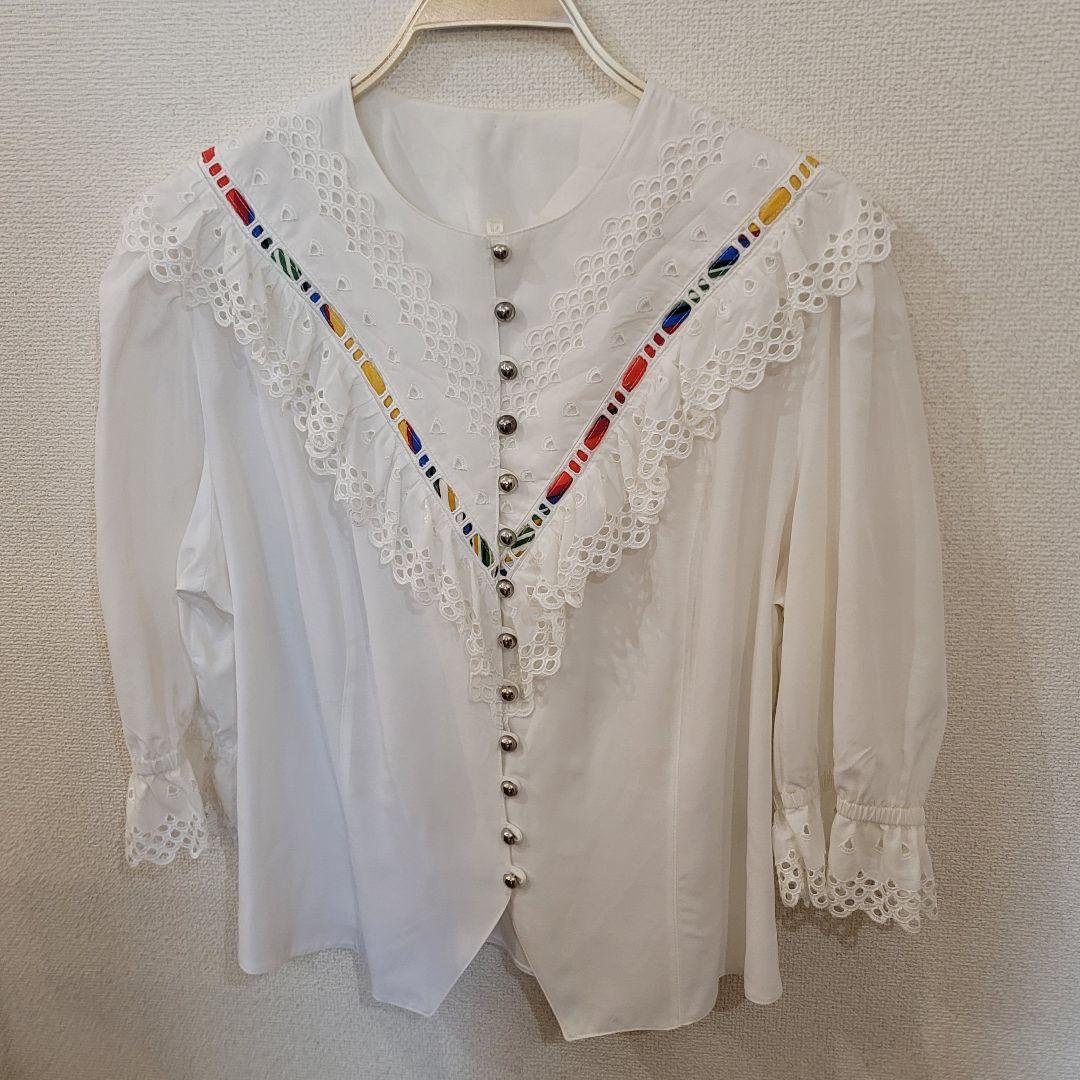 レース付き チロルブラウス ホワイトシャツ 七分袖