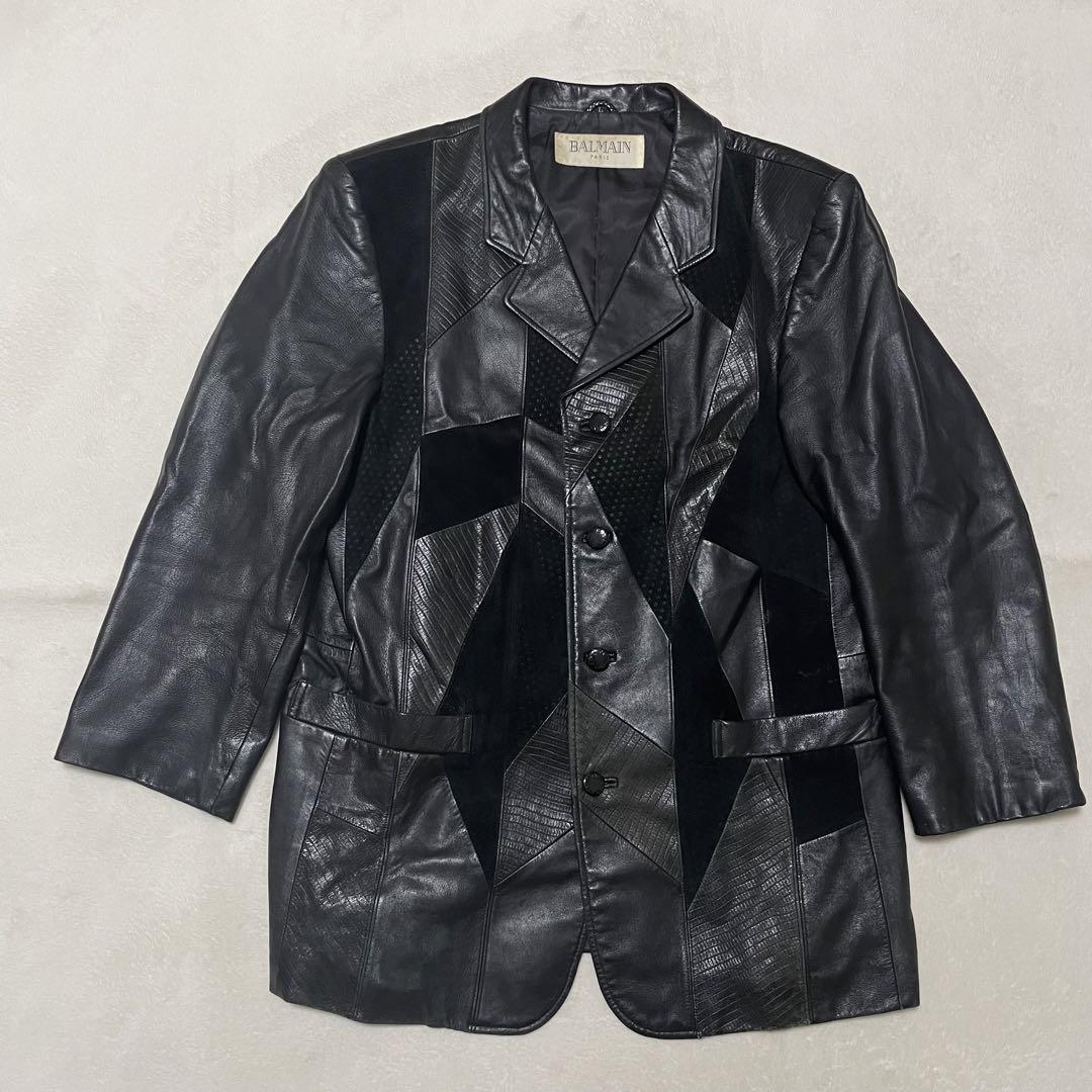 874 希少 BALMAIN レザージャケット パッチワークデザイン 黒 L