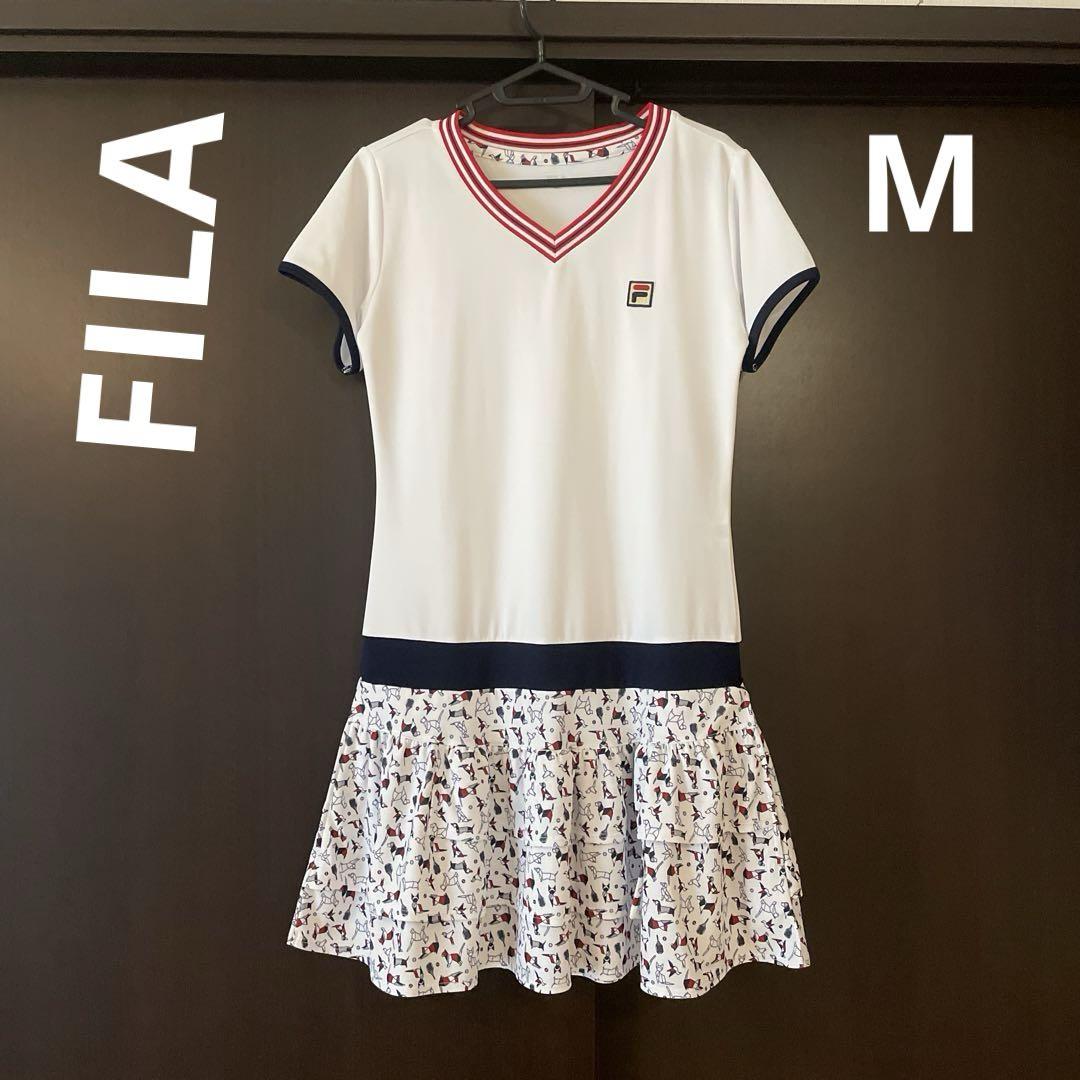 FILA テニス　Vネックフリルワンピース 折紙柄　M ホワイトウェア