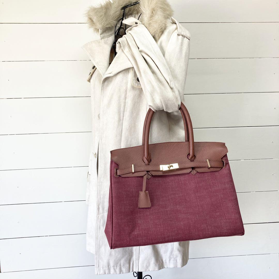 ハンドメイド　岡山デニム✖︎本革　本格ハンドバッグ　シュリンク革　Mサイズ