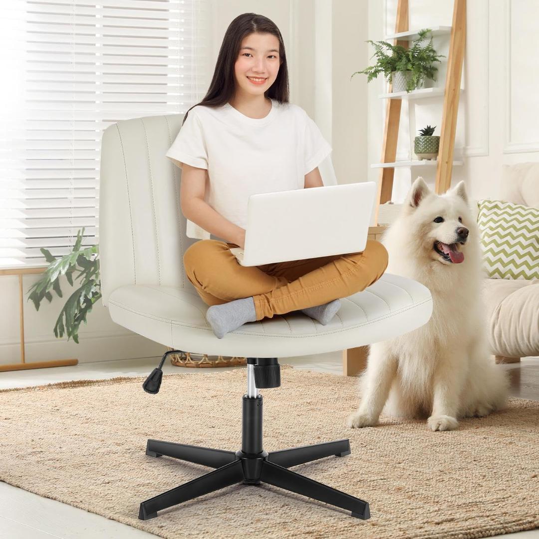 ホワイト　デスクチェア あぐらチェア 胡座チェア 椅子 座面 広い 幅66CM