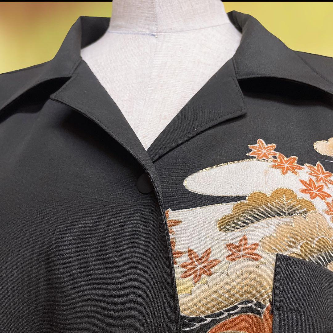 孔雀紋様 留袖 ラウンドカットドルマンシャツ 男女兼用 着物リメイク 黒 孔雀紋様 留袖 ラウンドカットドルマンシャツ 男女兼用 着物リメイク 黒