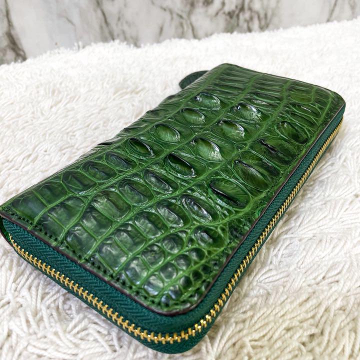 最新作 ロング 長財布 クロコダイル ジッピー グリーン レザー 腹側 ワニ革 本物 - 長財布