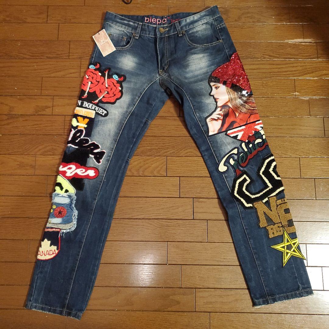biepa jeans ストレートパンツ フルデコワッペンデニム 34 タグ付き