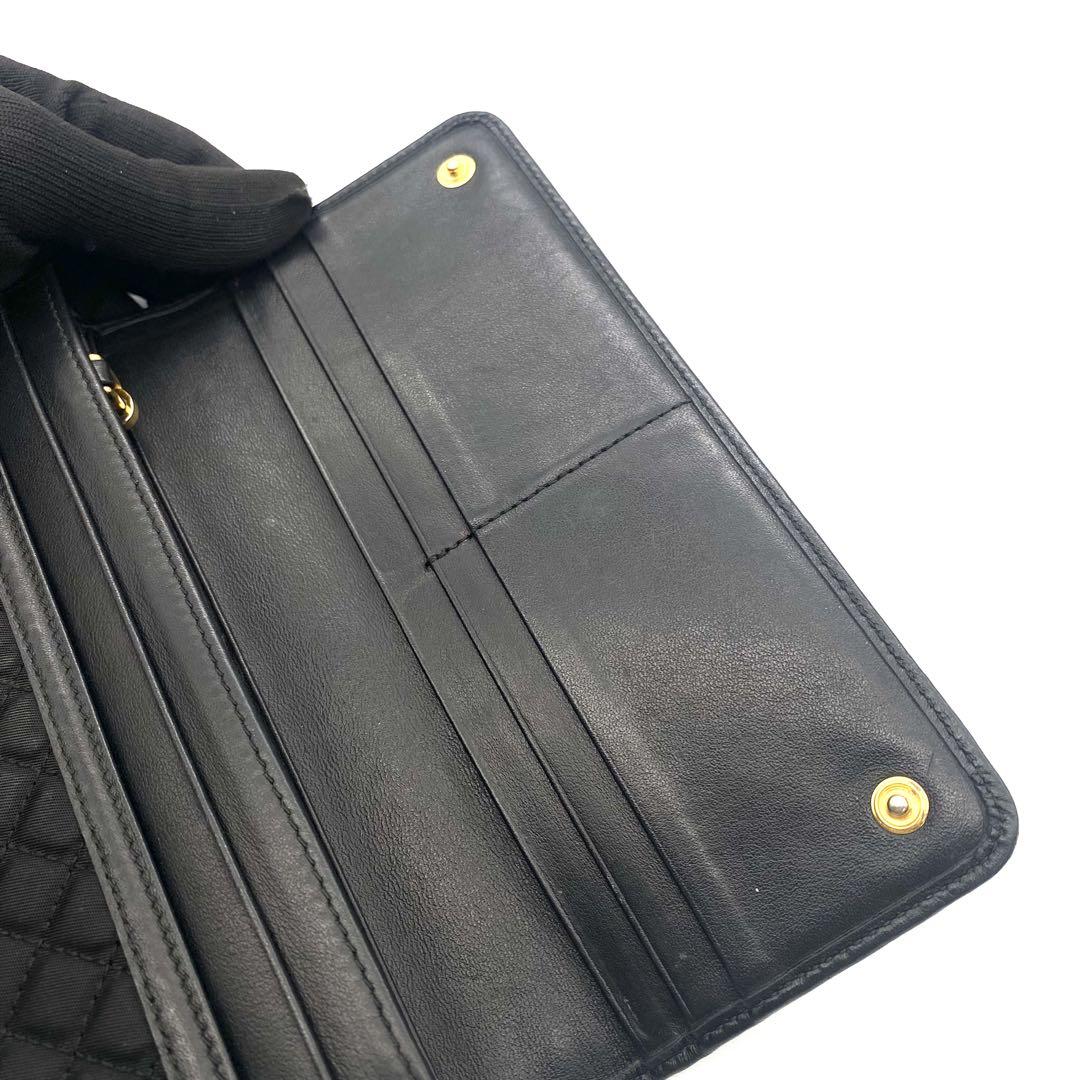 【美品】PRADA プラダ ナイロン キルティング 長財布 ブラック 金 ロゴ