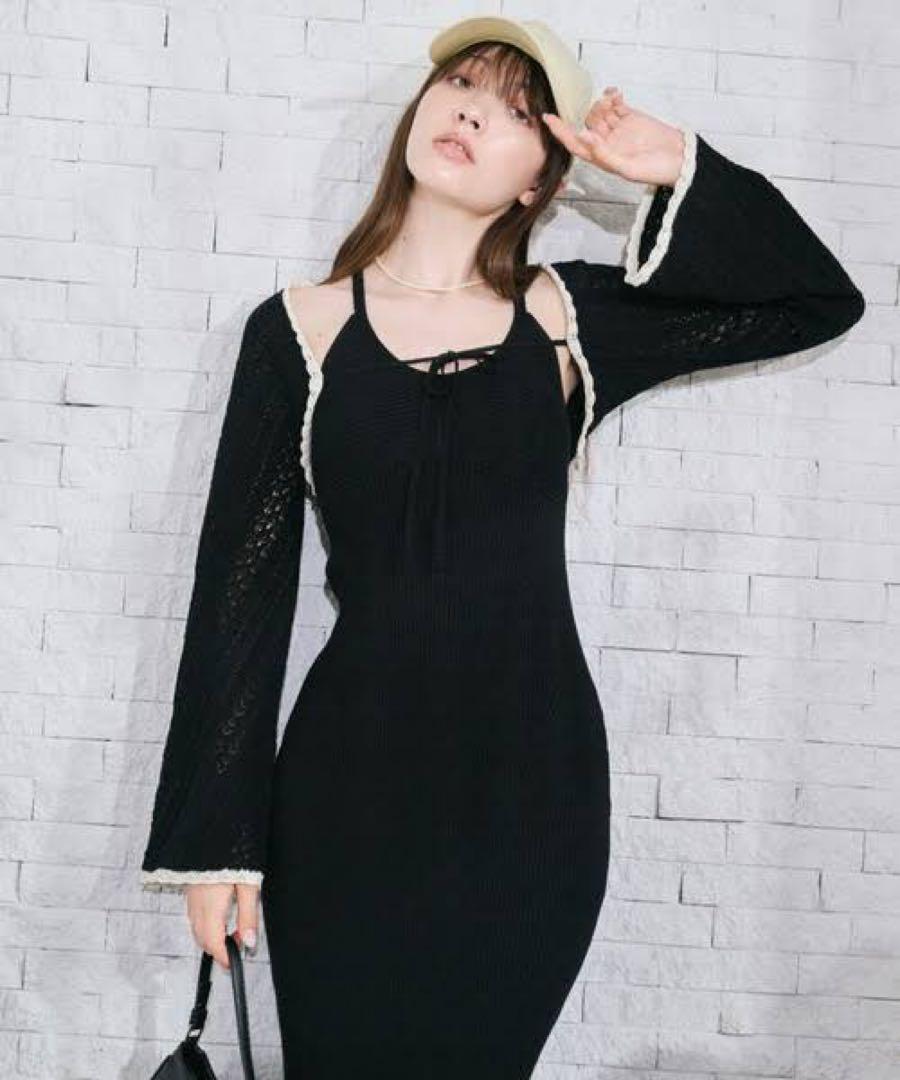 LILY BROWN レース編みボレロセットニットワンピース BLK