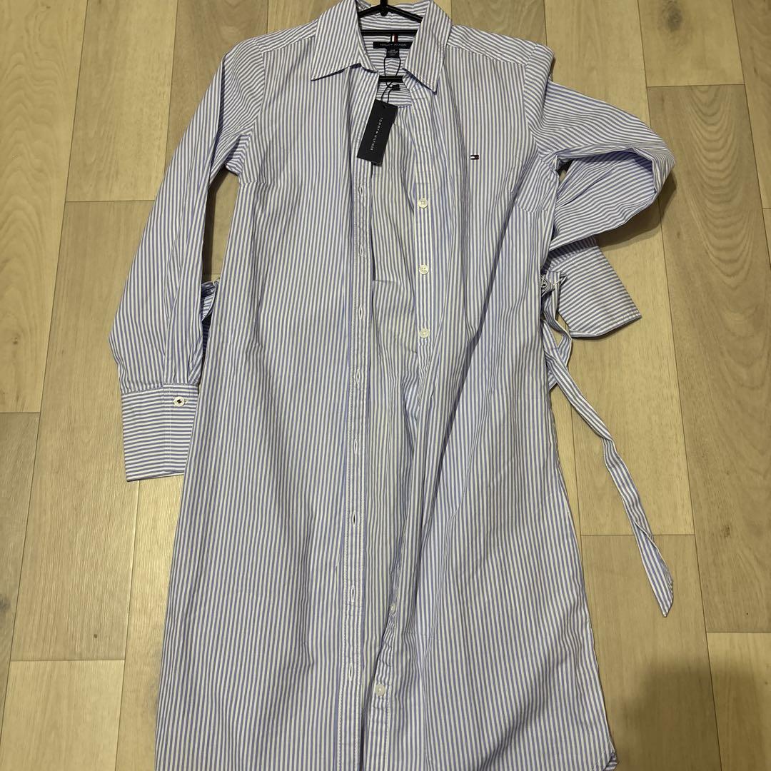 トミーヒルフィガー　TOMMY ストライプ 長袖 シャツワンピース リボン付き