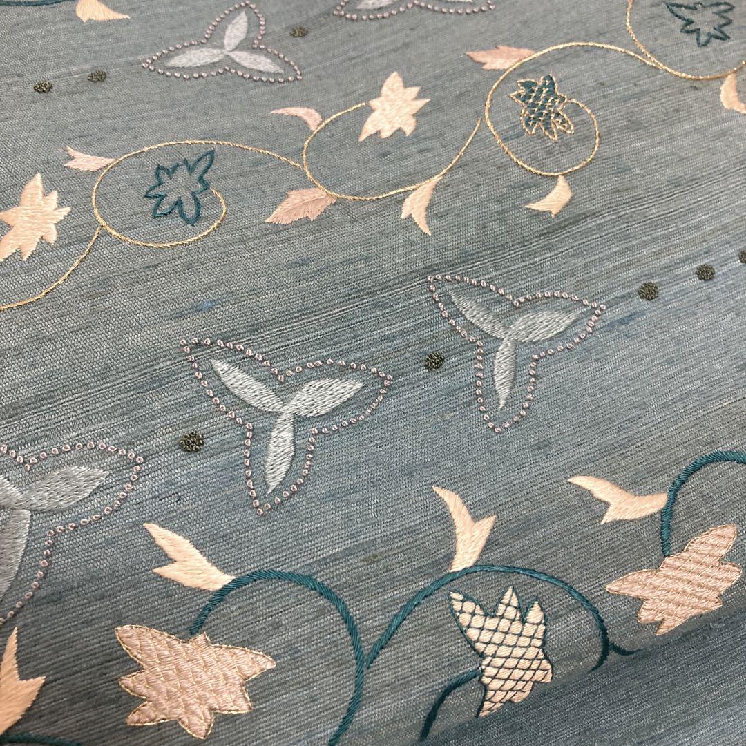 【まるちゃ】貴久樹 名古屋帯　ゴールデンムガ 刺繍 水色 水浅葱色