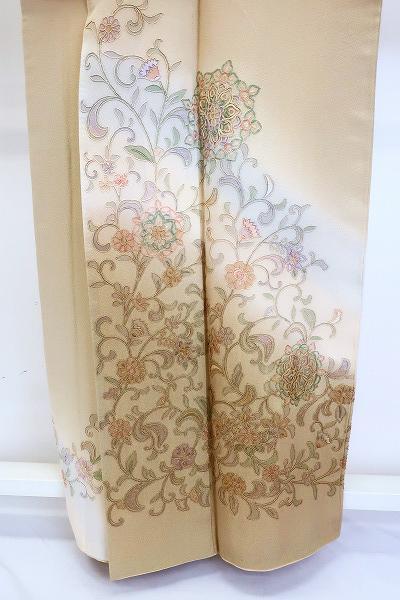 数量限定セール  訪問着 ベージュ 正絹 おしゃれ フォーマル着物 身丈160cm 唐花 刺繍 着物・浴衣